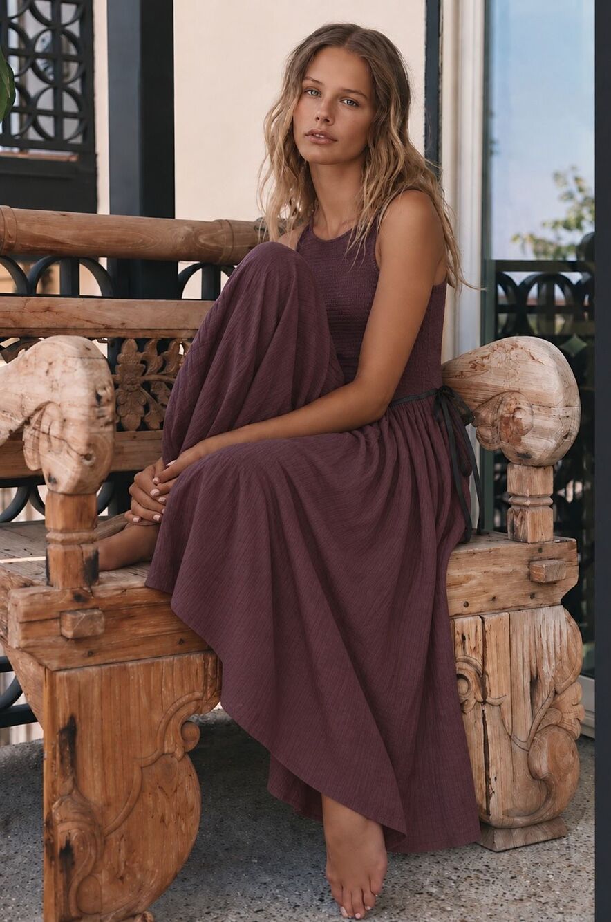 NWT Free People Nightingale Seersucker Midi Dress Plum Smocked Drop Waist, XS $1